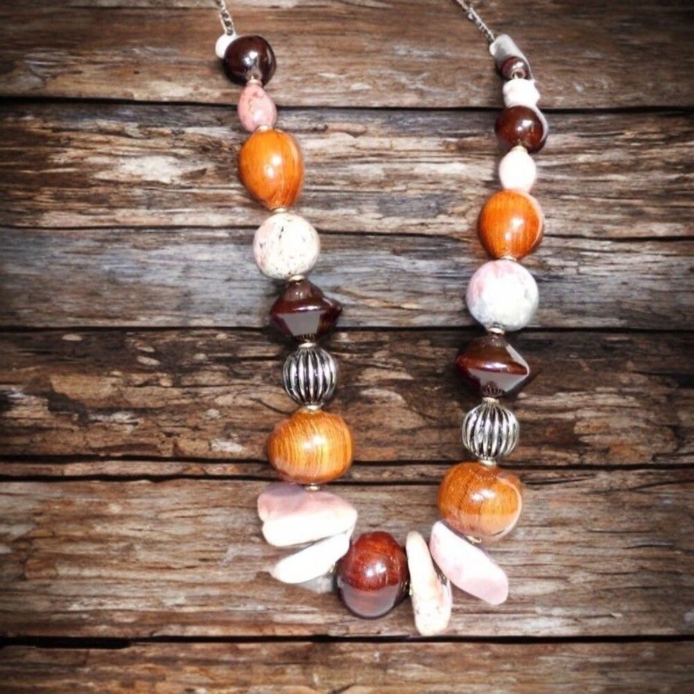 Lonnie Lovness MCM Statement Necklace Mixed Wood Stone Metal Brown Pink Beads